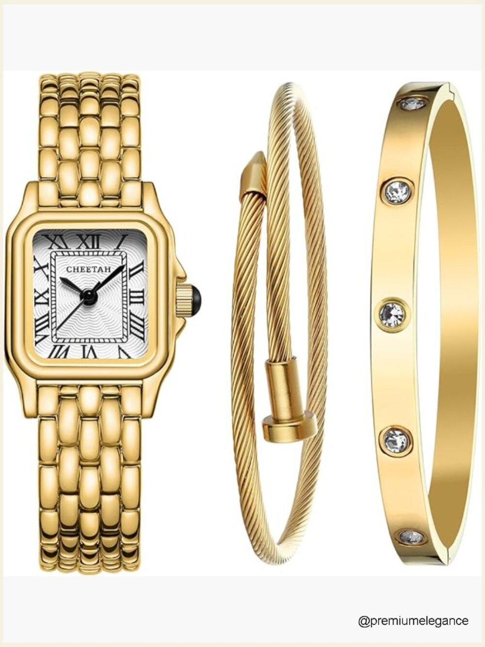 Gold Bangle Watch and Bracelet Set with Adjustable Fit